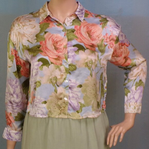 SILK! Multicolor floral long-sleeve blouse brand & size unknown 100% silk - Picture 1 of 13